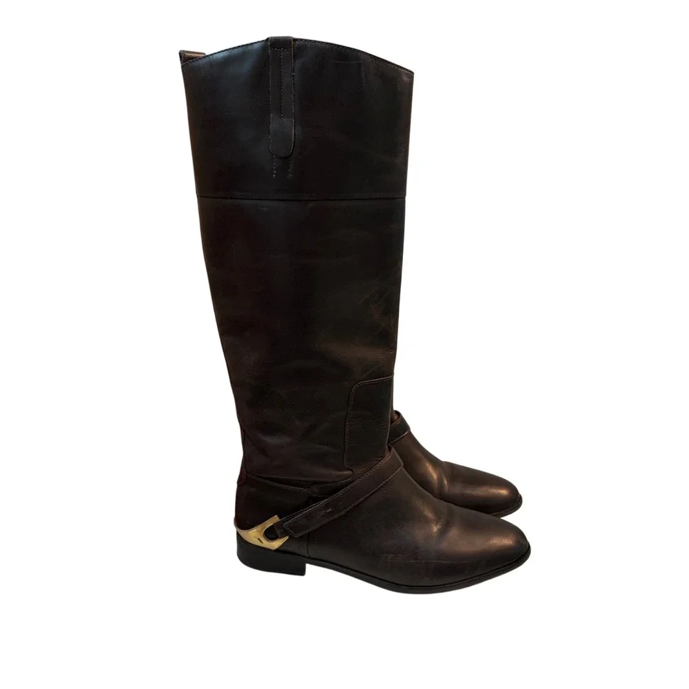 Brown Knee-High Leather‎ Riding Boots Side Strap Gold Buckle Accent Women's Sz 9